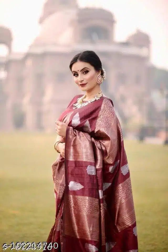 Art Silk Saree With Blouse For Women (Dark Red, 6.3M) - Pickkart