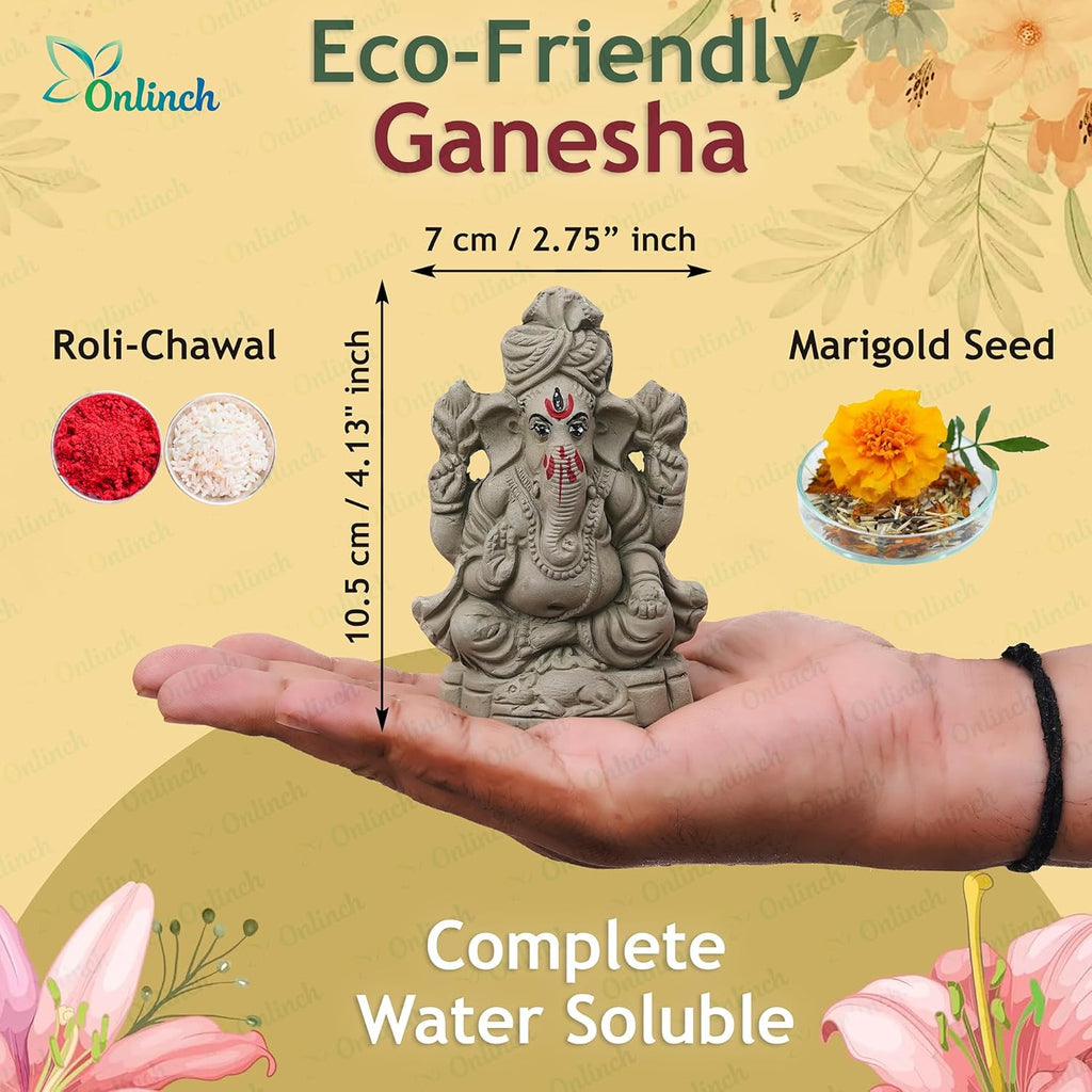 B S NATURAL Eco - Friendly Ganesh Idol cm Clay Ganesha Murti for Home & Visarjan | Biodegradable, Water Soluble with Pooja Kit & Marigold Seeds | Handmade Ganpati Idol for Festivals (10.5 x 7 Cm) - Pickkart