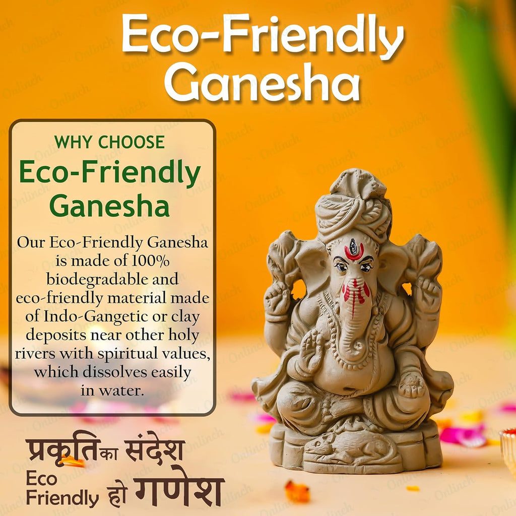 B S NATURAL Eco - Friendly Ganesh Idol cm Clay Ganesha Murti for Home & Visarjan | Biodegradable, Water Soluble with Pooja Kit & Marigold Seeds | Handmade Ganpati Idol for Festivals (10.5 x 7 Cm) - Pickkart