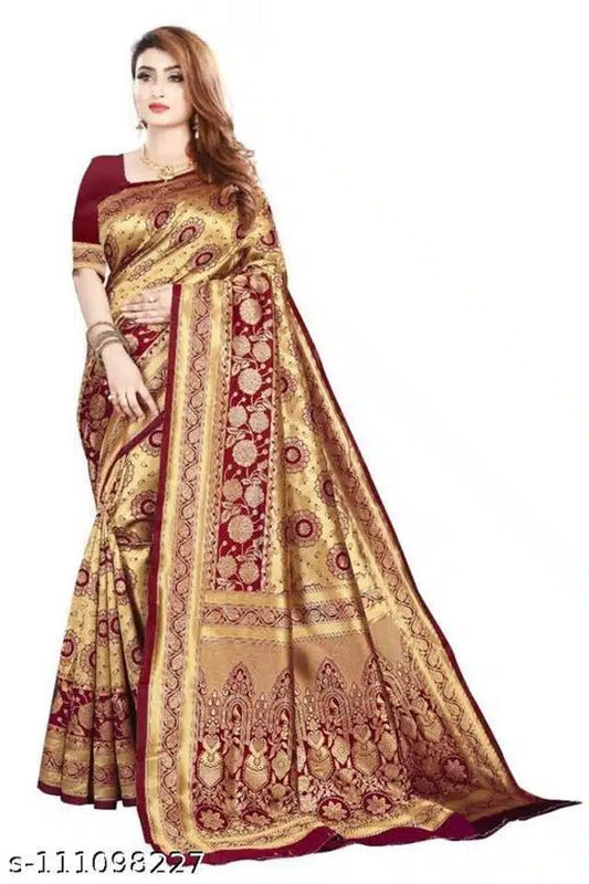 Banarasi Silk Saree With Blouse For Women (Golden & Dark Red, 6.3M) - Pickkart