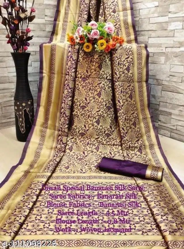 Banarasi Silk Saree With Blouse For Women (Golden & Purple, 6.3M) - Pickkart
