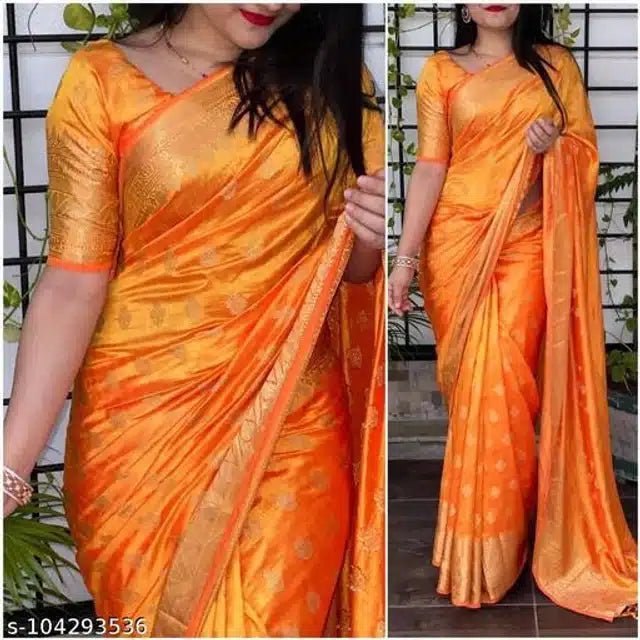 Banarasi Silk Saree With Blouse For Women (Orange, 6.3M) - Pickkart