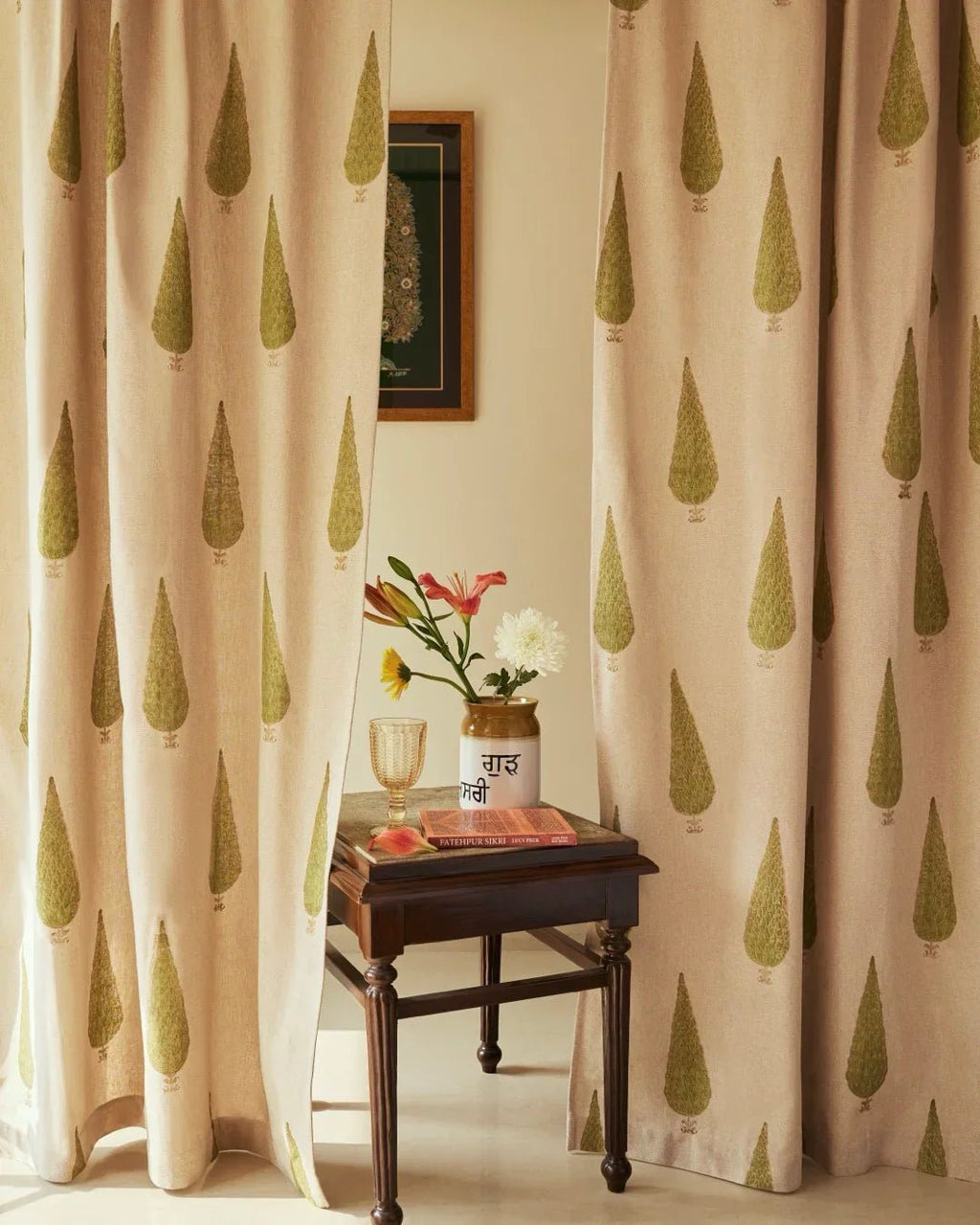 Beige & Green Hand Block Printed Linen Curtains | Cypress Tree Design - Pickkart