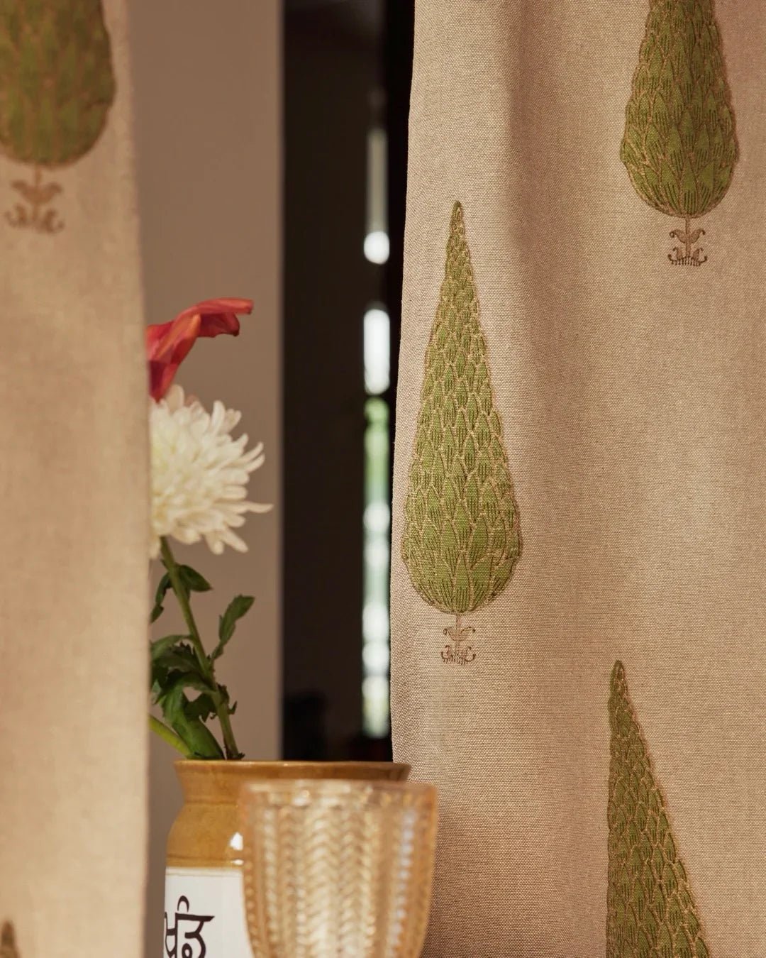 Beige & Green Hand Block Printed Linen Curtains | Cypress Tree Design - Pickkart