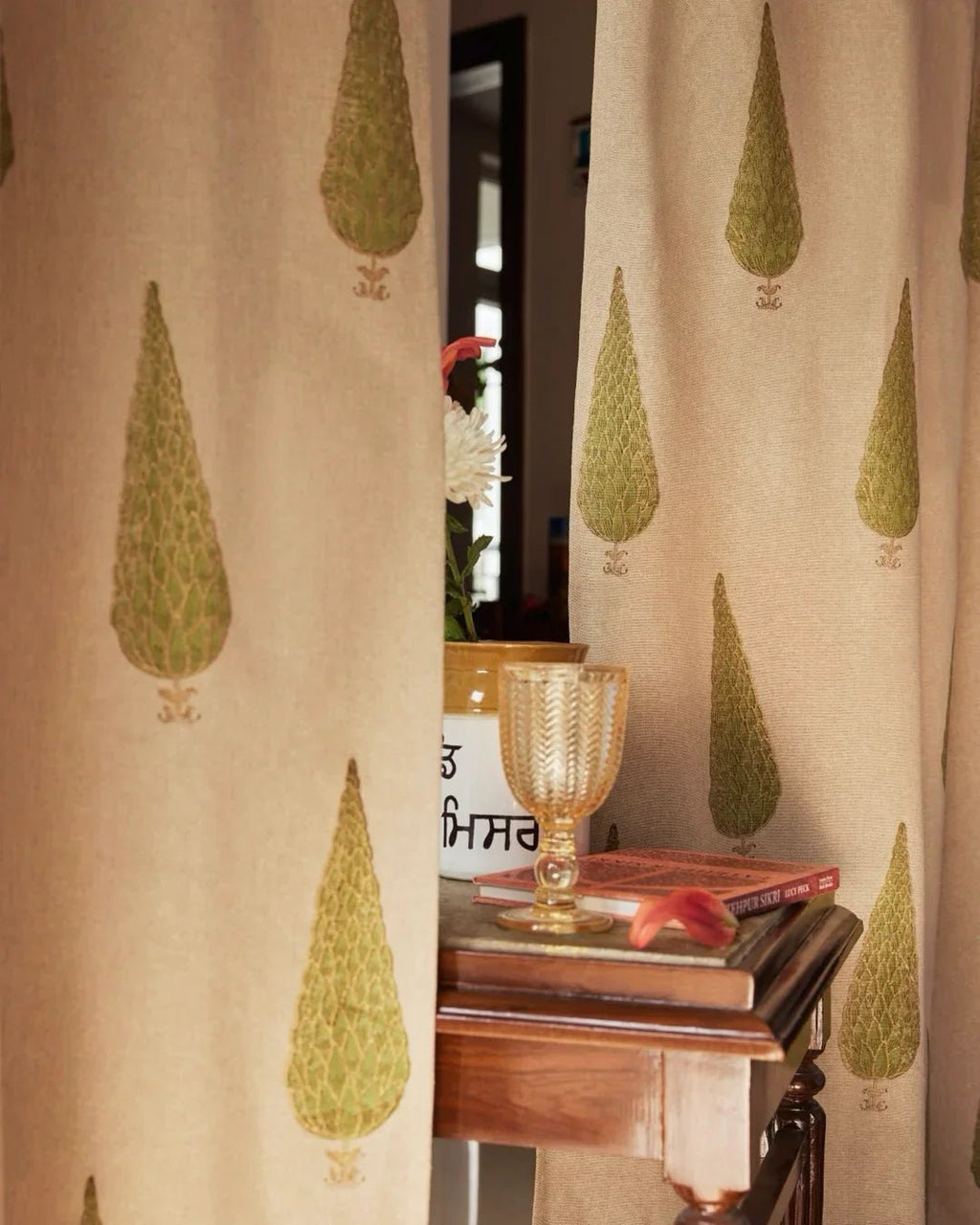 Beige & Green Hand Block Printed Linen Curtains | Cypress Tree Design - Pickkart