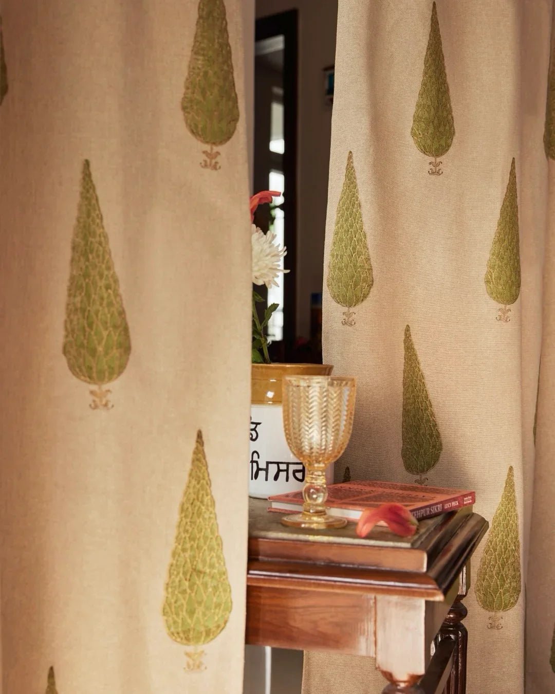 Beige & Green Hand Block Printed Linen Curtains | Cypress Tree Design - Pickkart