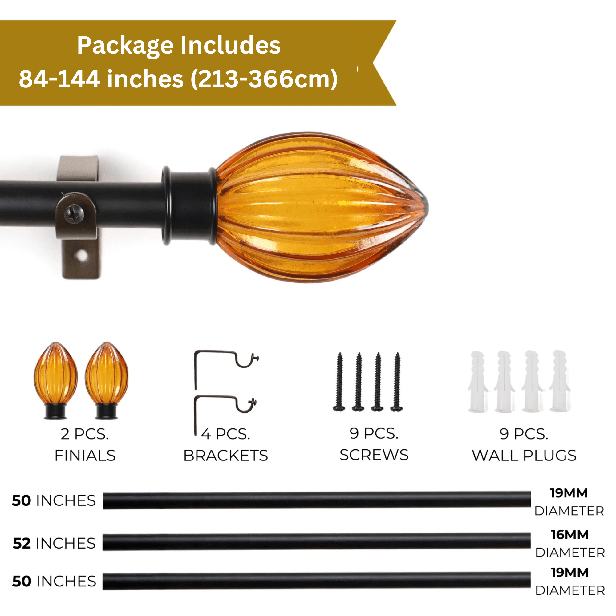 Black Extendable Curtain Pole | Marble Finials | 61 - 366cm - Pickkart