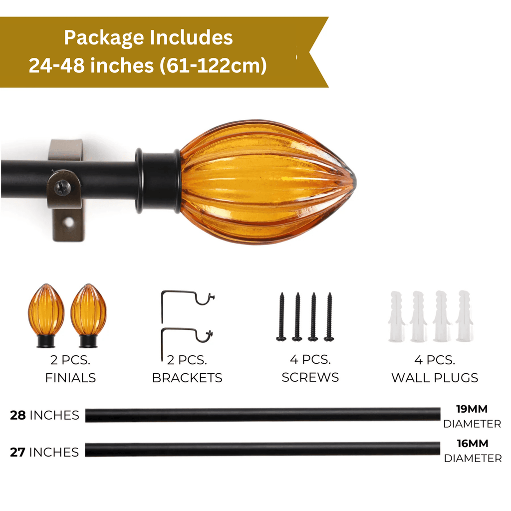 Black Extendable Curtain Pole | Marble Finials | 61 - 366cm - Pickkart