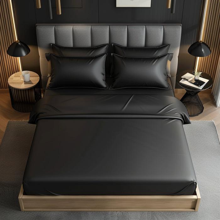 Black Premium Satin Elastic Fitted Sheets with 2 Pillow Covers - Pickkart