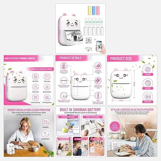 Bluetooth Mini Printer for Students | Inkless Wireless Thermal Printer (Black & White) | Portable Ink Free Printer for Android & iOS | 1200mAh Rechargeable Battery - Pickkart