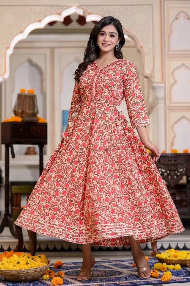 Cotton Printed Anarkali Kurti for Women (Red, M) - Pickkart