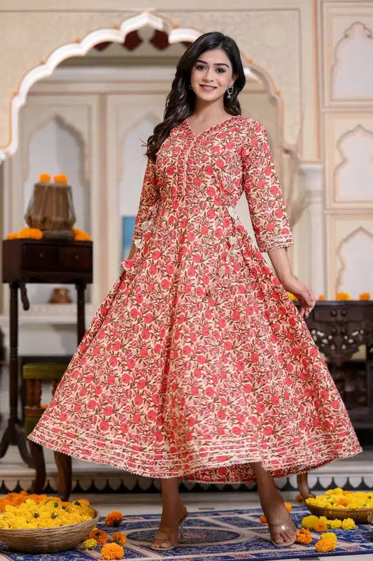 Cotton Printed Anarkali Kurti for Women (Red, M) - Pickkart