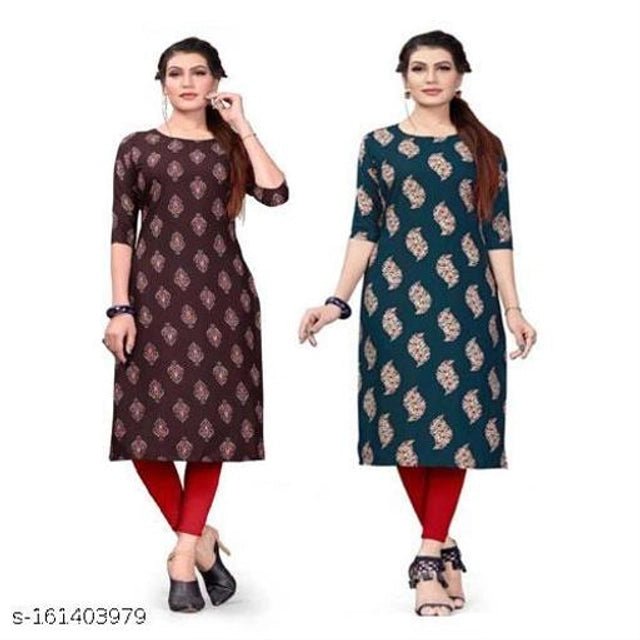 Crepe Printed Kurti for Women (Brown & Green, S) (Pack of 2) - Pickkart