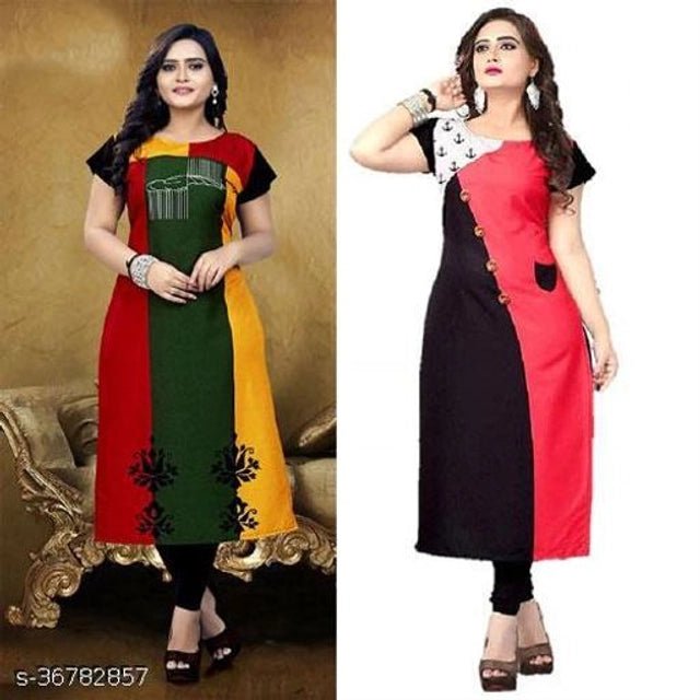 Crepe Printed Kurti for Women (Green & Pink, M) (Pack of 2) - Pickkart