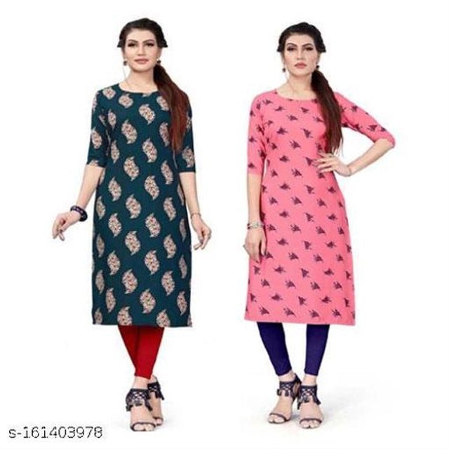 Crepe Printed Kurti for Women (Green & Pink, S) (Pack of 2) - Pickkart