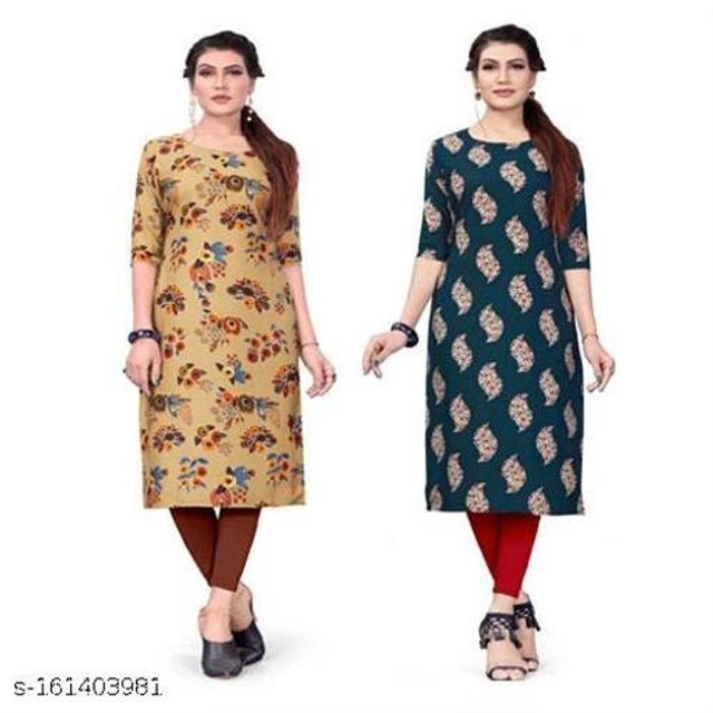 Crepe Printed Kurti for Women (Yellow & Teal, S) (Pack of 2) - Pickkart