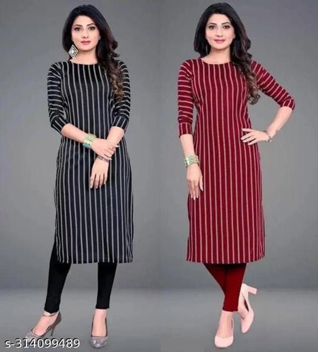 Crepe Striped Kurti for Women (Black & Red, S) (Pack of 2) - Pickkart