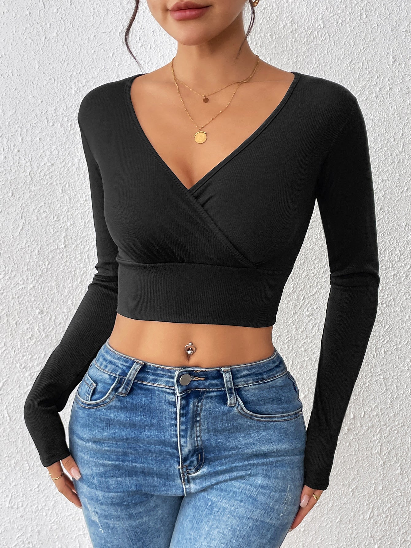 Cross V - neck Cropped Top Slim Fit Slimming Sweater - Pickkart