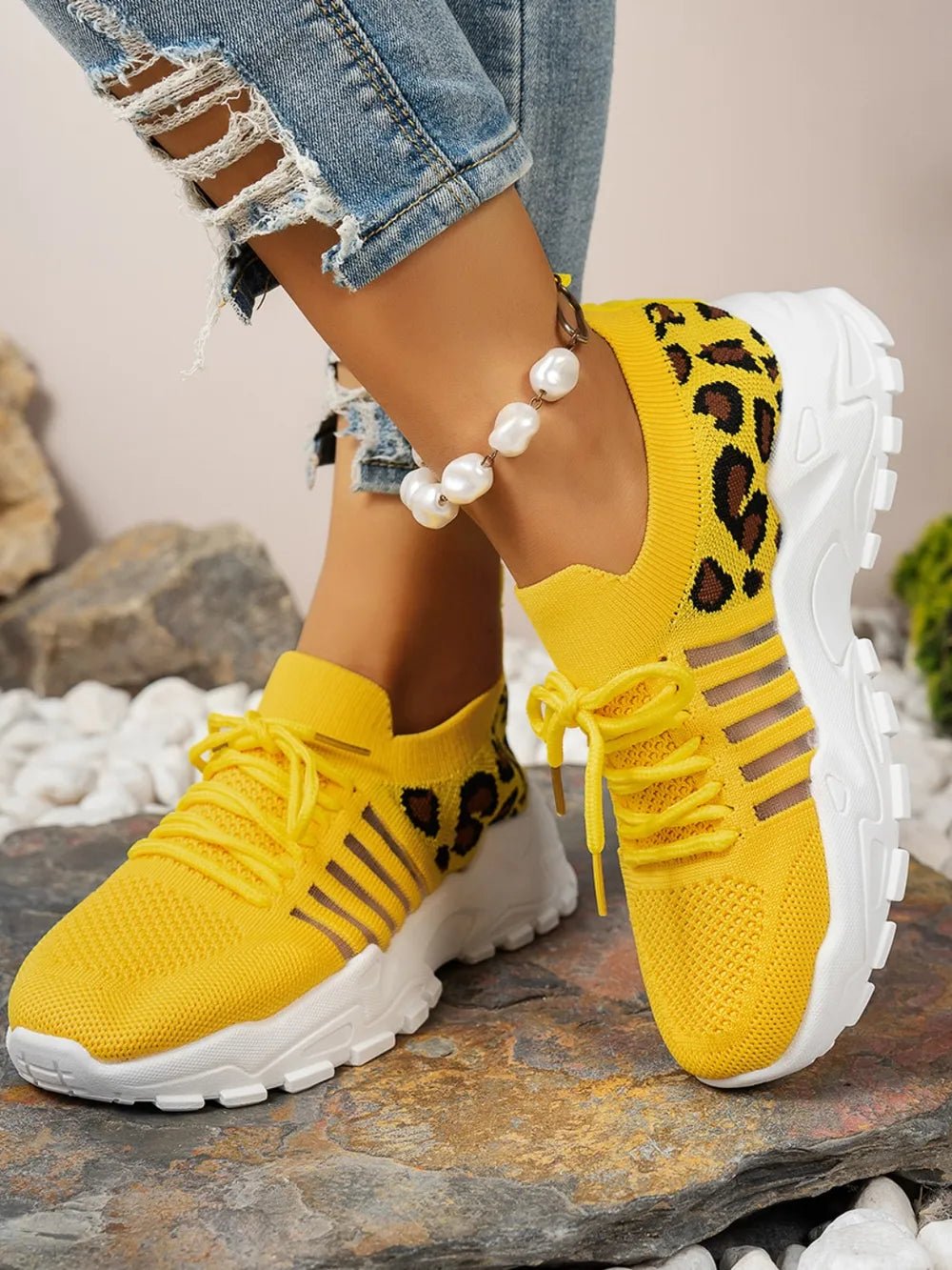 Cutout Leopard Lace Up Mesh Athletic - Pickkart