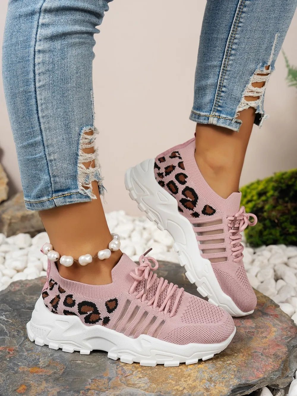 Cutout Leopard Lace Up Mesh Athletic - Pickkart