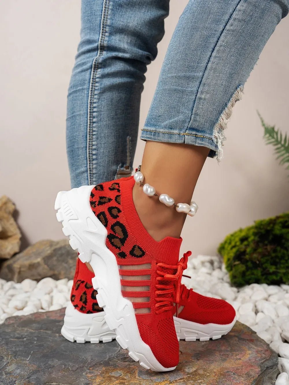 Cutout Leopard Lace Up Mesh Athletic - Pickkart