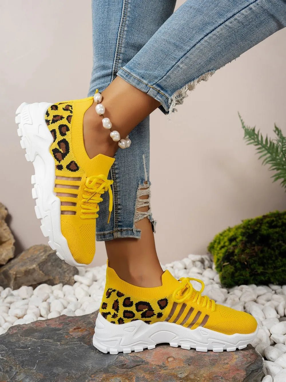 Cutout Leopard Lace Up Mesh Athletic - Pickkart