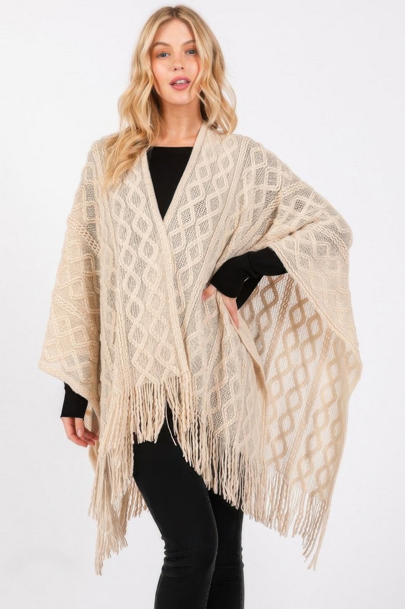 Diamond Pattern Tassel Knit Ruana - Pickkart