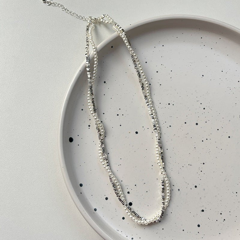 Double - layer Winding Small Pieces Of Silver Pearl Necklace For Women - Pickkart
