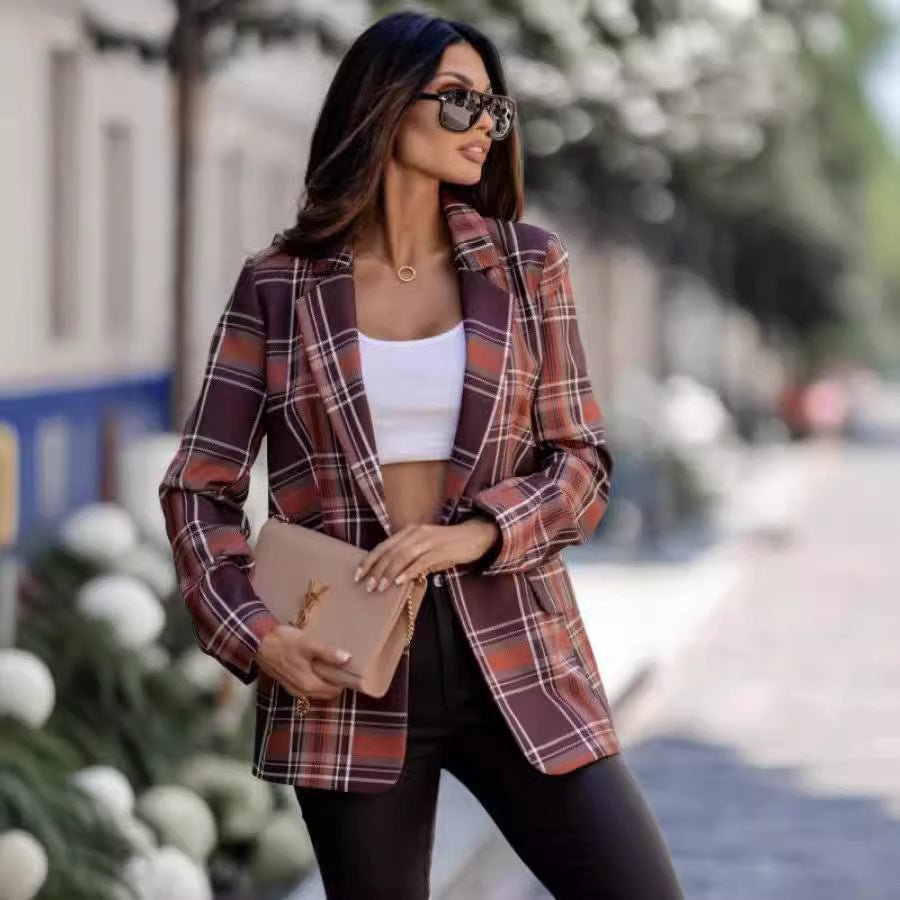 Fashionable Temperament Plaid Blazer Lightweight Top - Pickkart