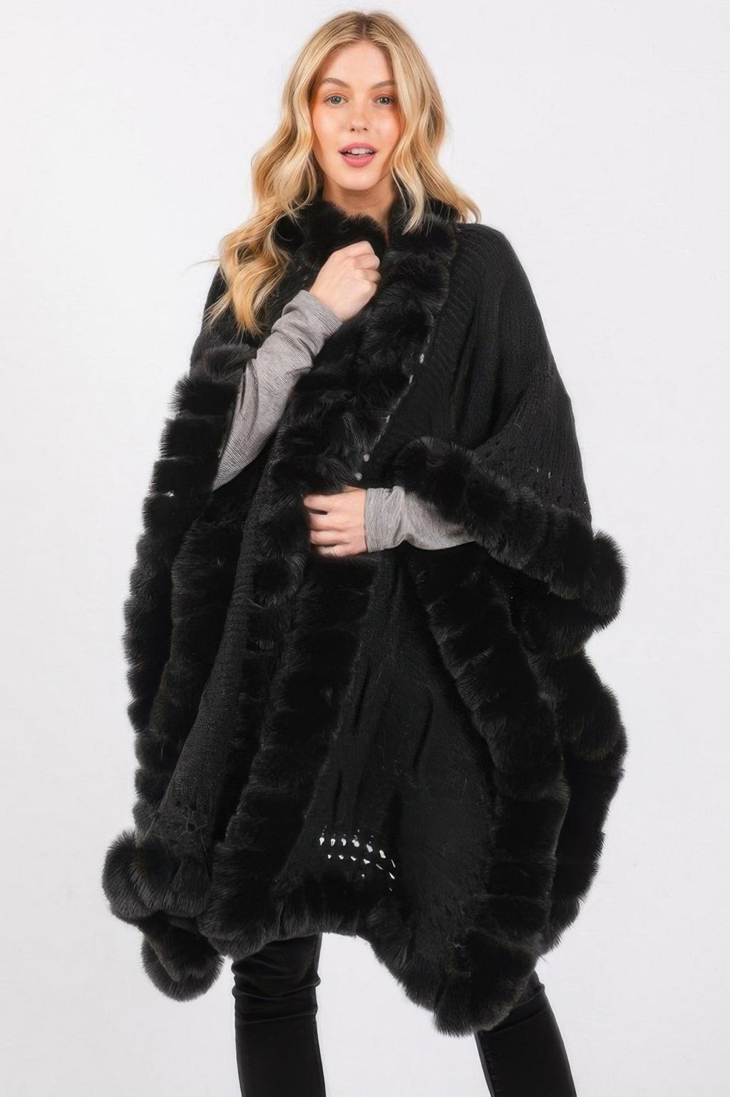 Faux Fur Collar And Trim Cape With Closure - Pickkart