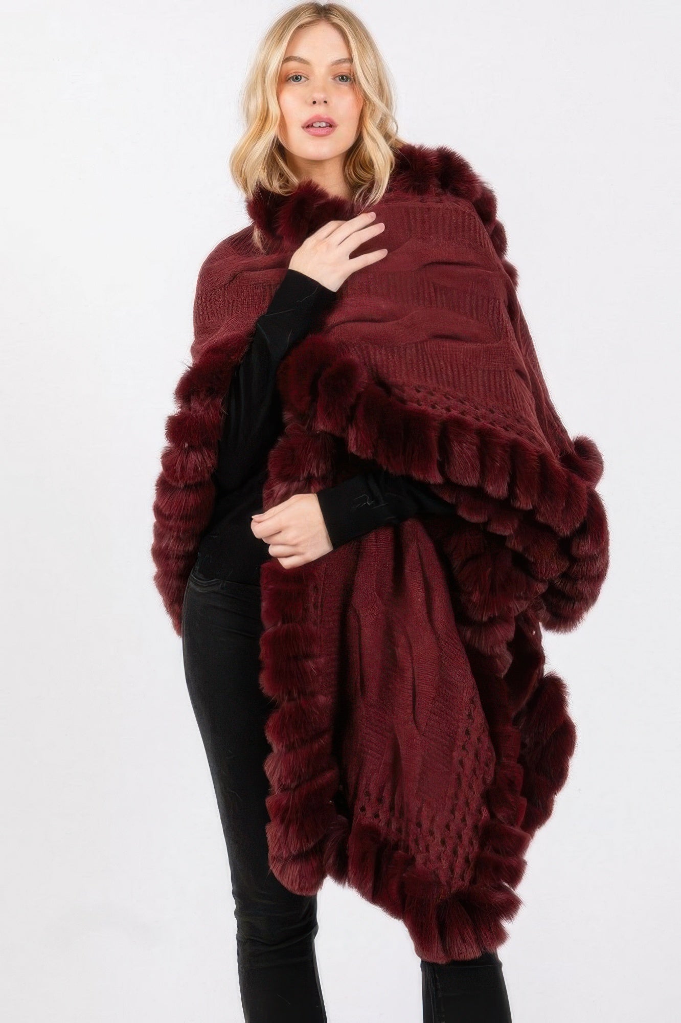 Faux Fur Collar And Trim Cape With Closure - Pickkart
