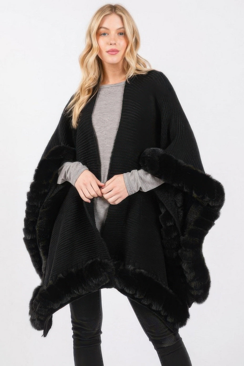 Faux Fur Trim Cape With Closure - Pickkart