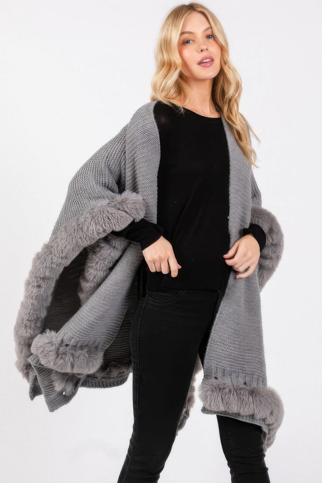 Faux Fur Trim Cape With Closure - Pickkart
