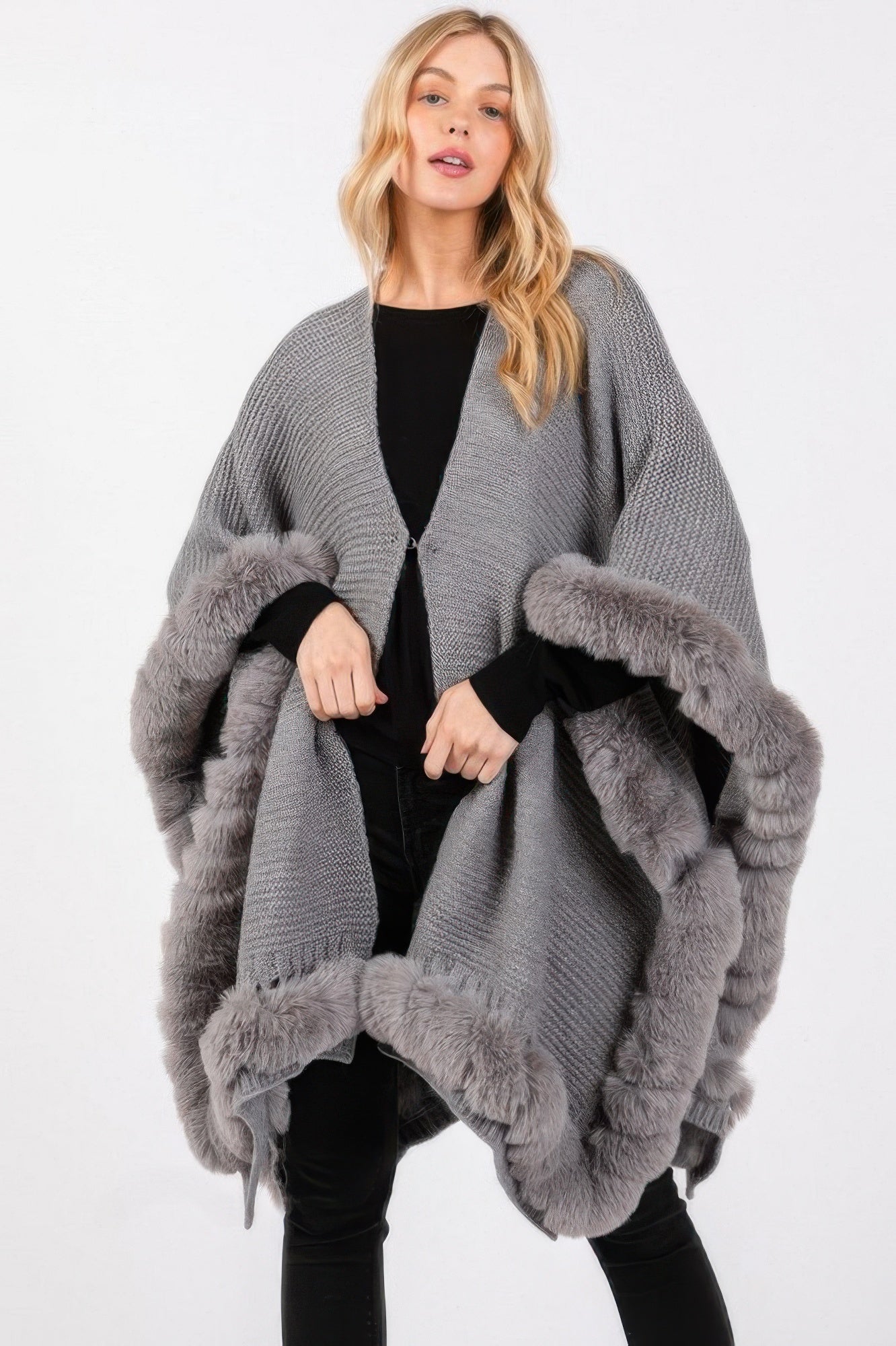 Faux Fur Trim Cape With Closure - Pickkart