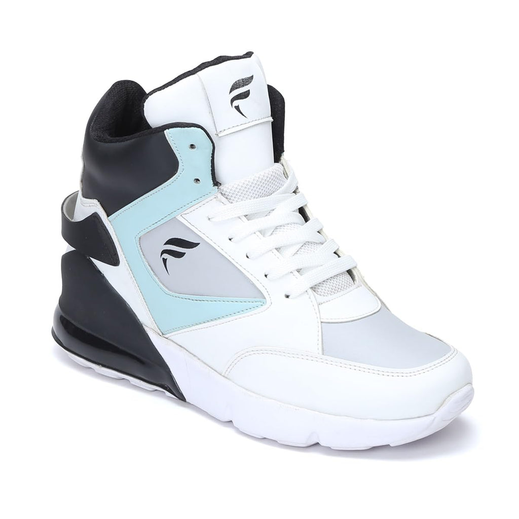 FIELD CARE High - Top Athletic Sneakers, White and Tan Colour Block Design, Lace - up Sports Shoes with Black Accents - Pickkart