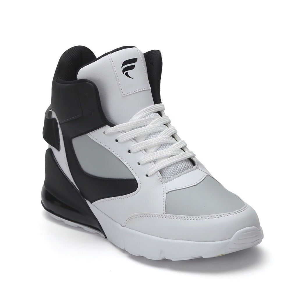 FIELD CARE High - Top Athletic Sneakers, White and Tan Colour Block Design, Lace - up Sports Shoes with Black Accents - Pickkart