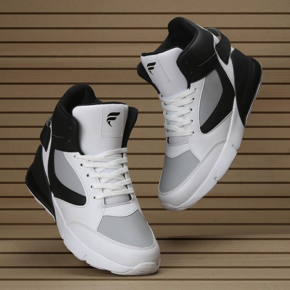 FIELD CARE High - Top Athletic Sneakers, White and Tan Colour Block Design, Lace - up Sports Shoes with Black Accents - Pickkart