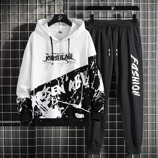 Fleece Printed Tracksuit for Men (Black & White, M) - Pickkart