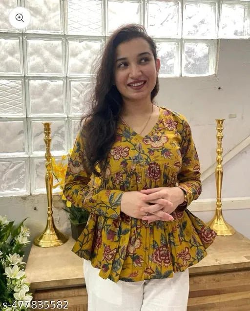 Floral Vibe Mustard Empire Top Stylish & Comfortable Daily Wear - Pickkart