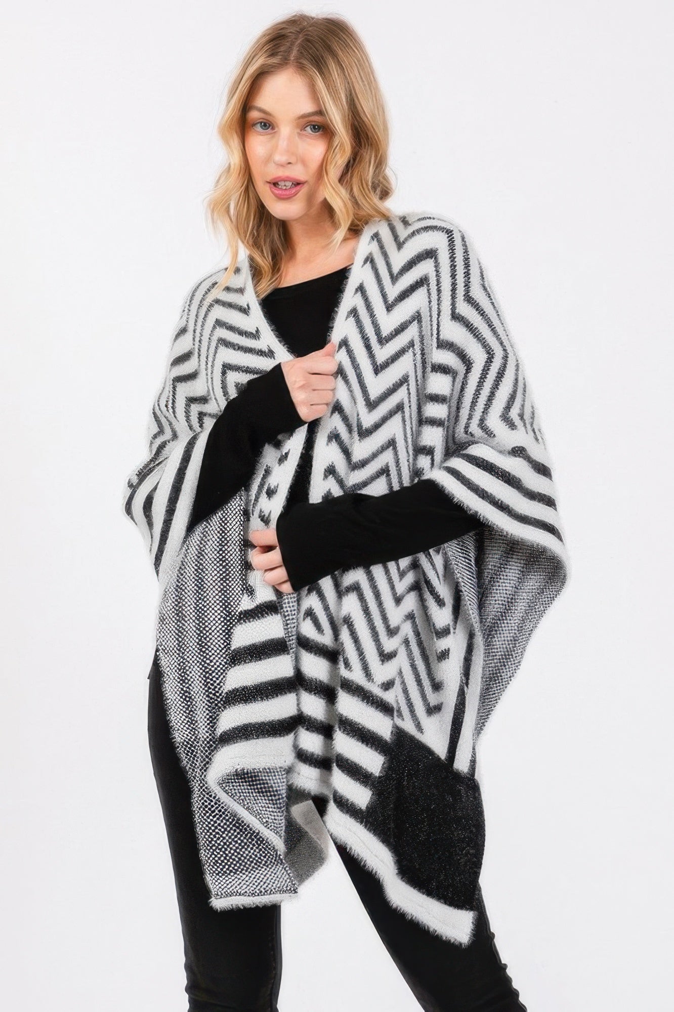 Fuzzy Chevron Pattern Ruana - Pickkart