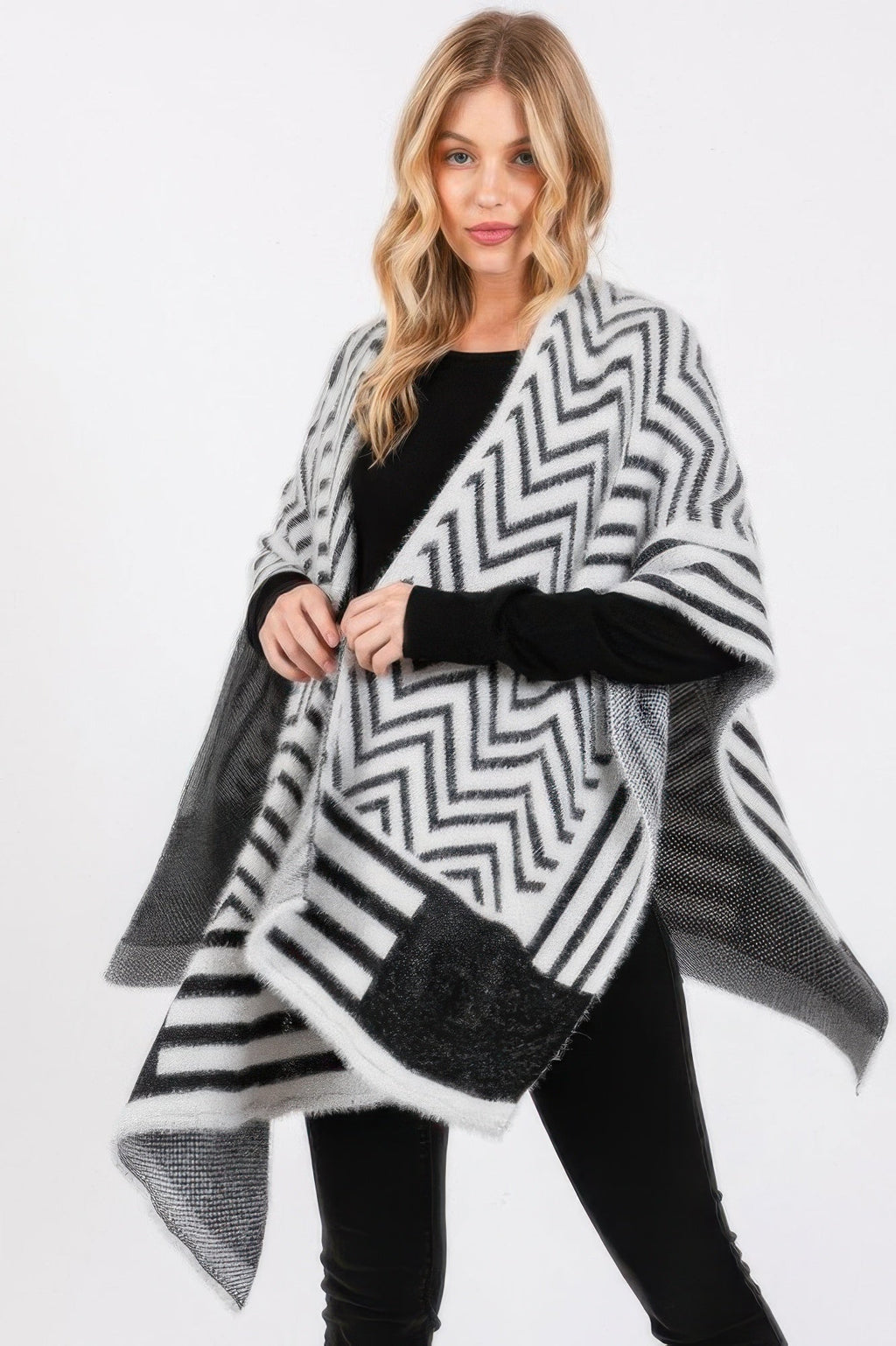 Fuzzy Chevron Pattern Ruana - Pickkart