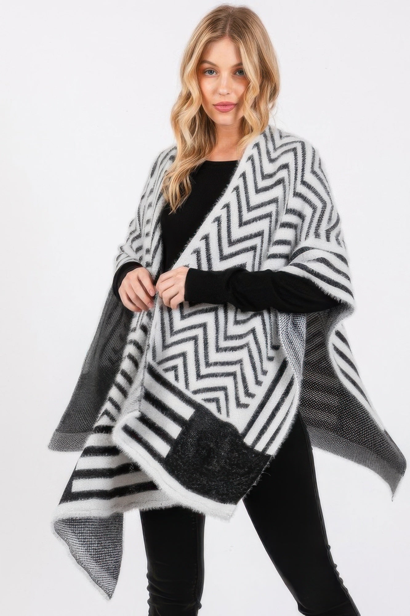 Fuzzy Chevron Pattern Ruana - Pickkart