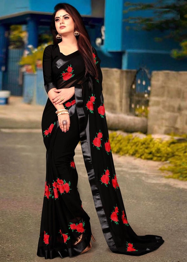 Georgette Embroidered Saree for Women (Olive, 6.3 m) - Pickkart