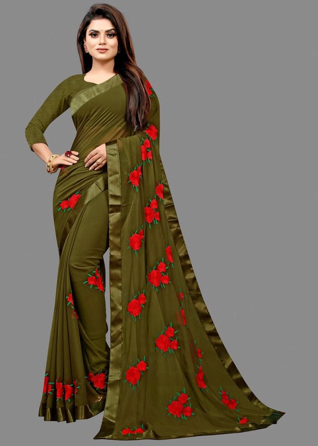 Georgette Embroidered Saree for Women (Olive, 6.3 m) - Pickkart