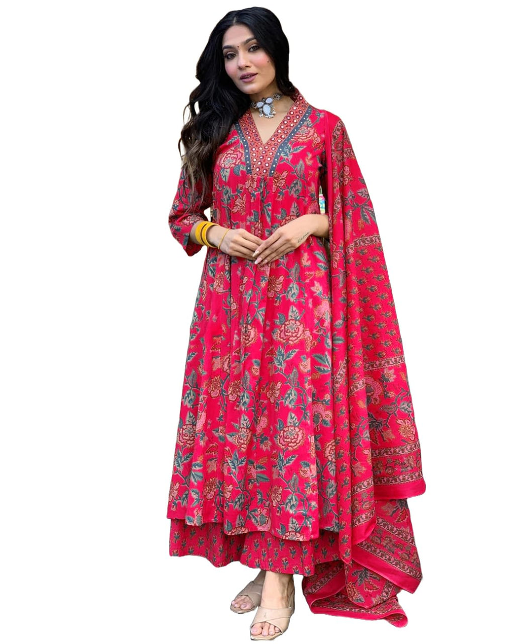 GoSriKi Women's Rayon Viscose Anarkali Printed Kurta with Palazzo & Dupatta - Pickkart