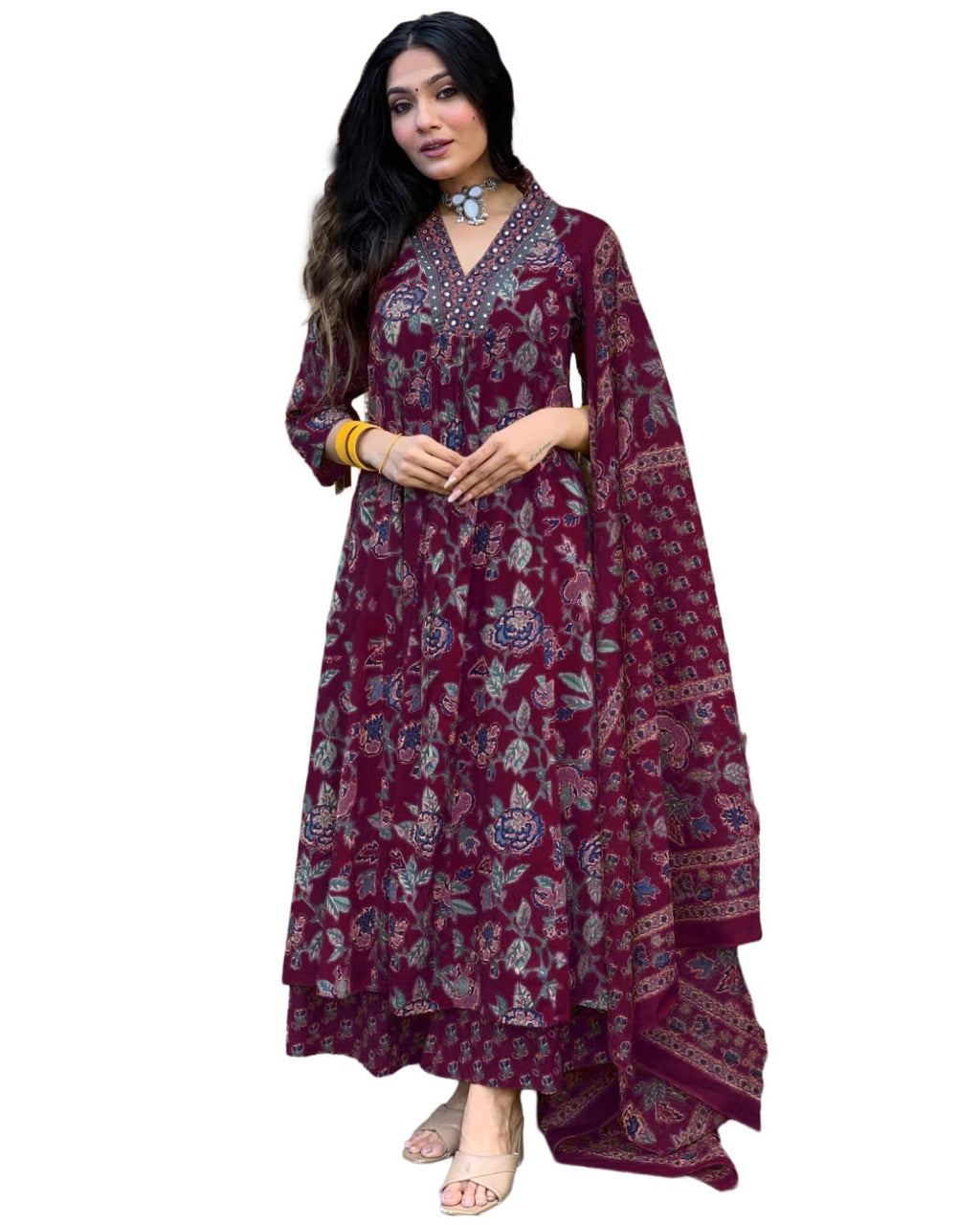 GoSriKi Women's Rayon Viscose Anarkali Printed Kurta with Palazzo & Dupatta - Pickkart
