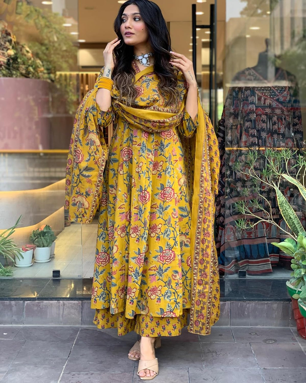 GoSriKi Women's Rayon Viscose Anarkali Printed Kurta with Palazzo & Dupatta - Pickkart