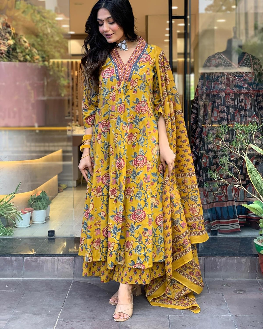 GoSriKi Women's Rayon Viscose Anarkali Printed Kurta with Palazzo & Dupatta - Pickkart
