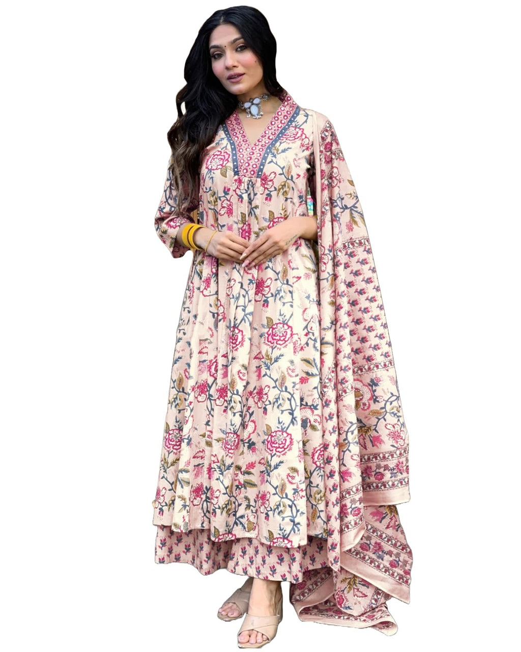 GoSriKi Women's Rayon Viscose Anarkali Printed Kurta with Palazzo & Dupatta - Pickkart