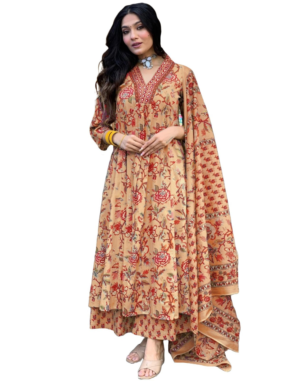 GoSriKi Women's Rayon Viscose Anarkali Printed Kurta with Palazzo & Dupatta - Pickkart